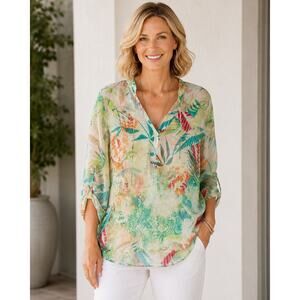 Chico’s Size 1 Tropical Sheer Tunic Top V Neck Roll Tab Lightweight Boho